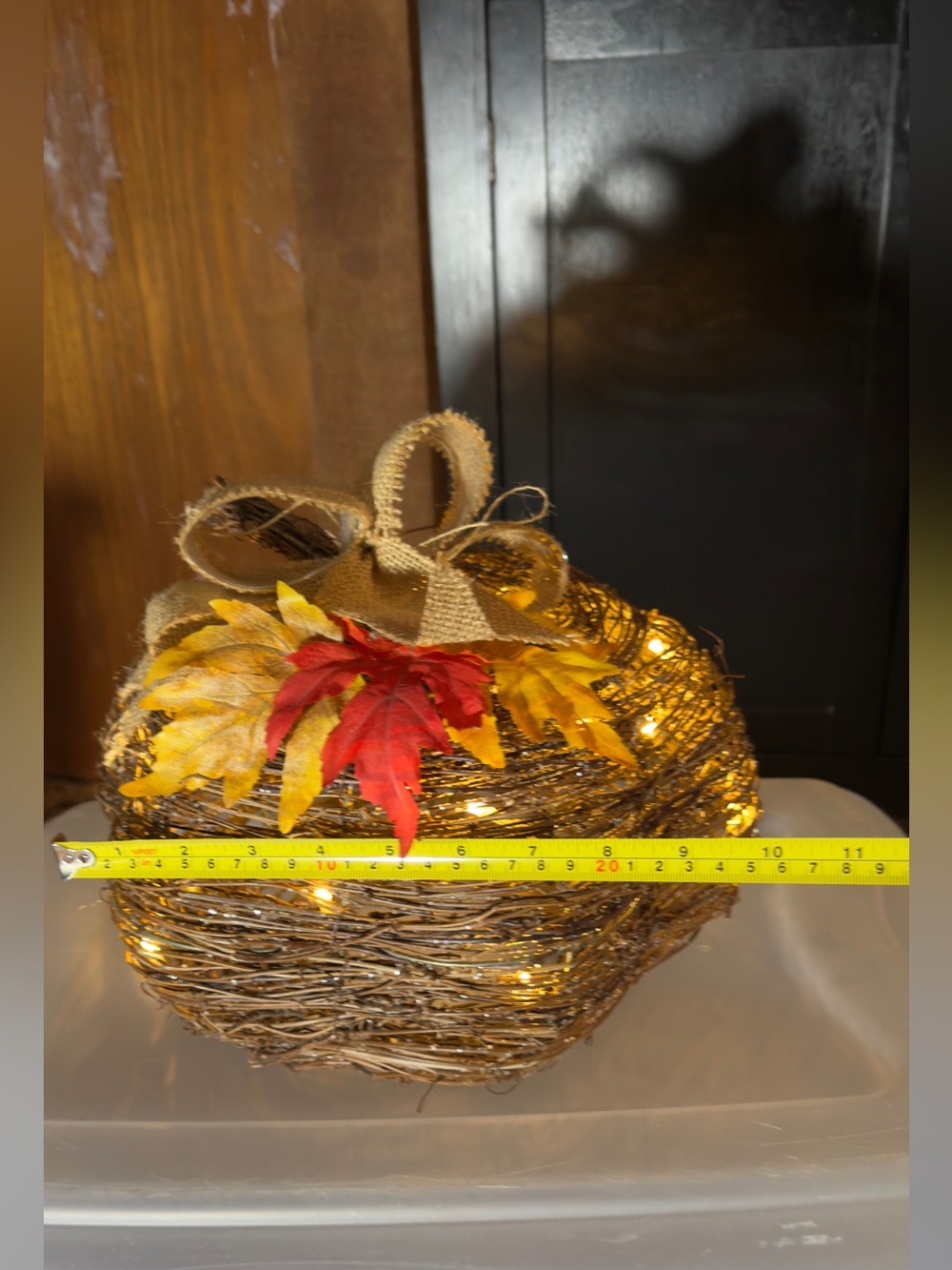 Handwoven Grapevine Pumpkin with Burlap Bow and Fall Leaves Light up - Picture 7 of 7